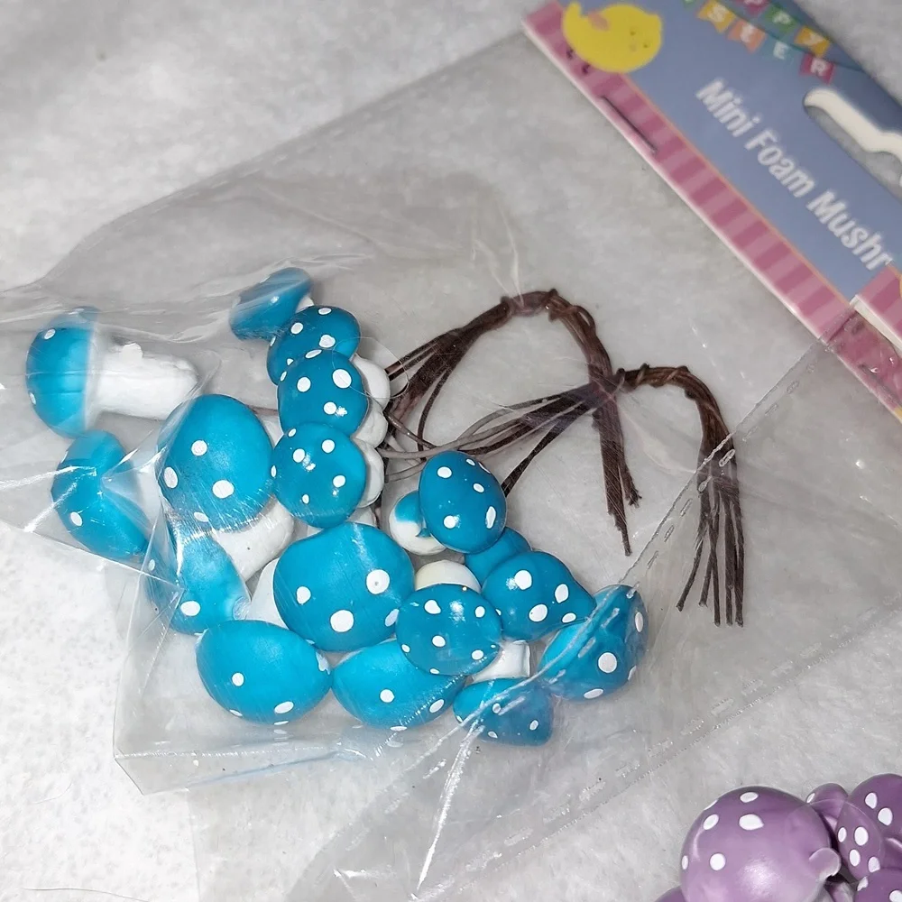 Foam mushrooms, 3 new packages pink, blue, and purple- 16 pieces in each package